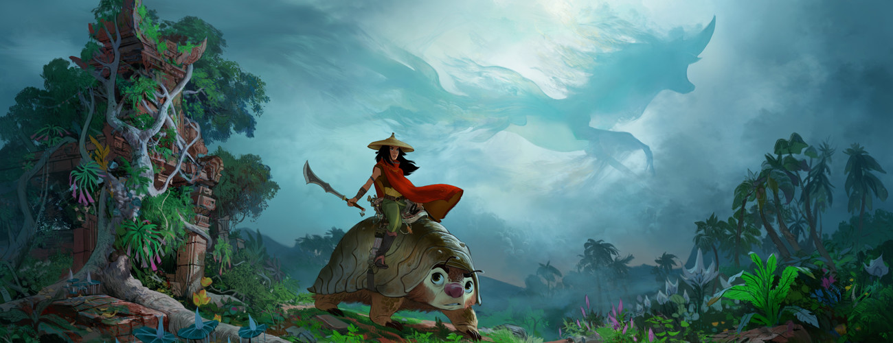 Arte conceitual. Raya aparece montada em Tuk Tuk. Ela usa um sakalot e carrega uma arma. O céu está dublado e, entre as nuvens, há a silhueta de um dragão.